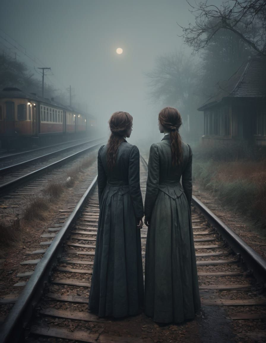 Mysterious Sisters in Foggy Abandoned Landscape