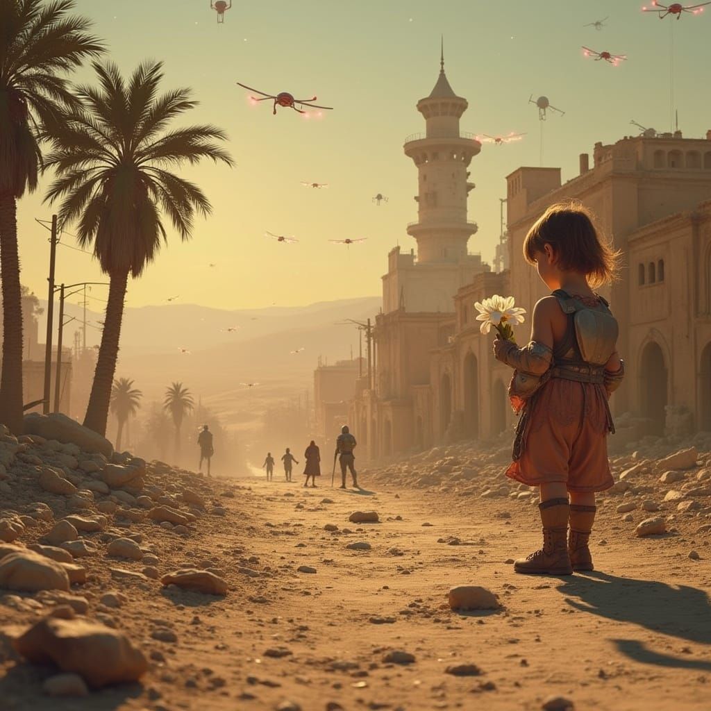 Apocalyptic Battlefield: Child and Flower in Ruins