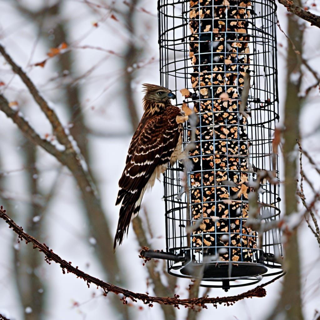 Hawk at Bird Feeder in Winter Scene