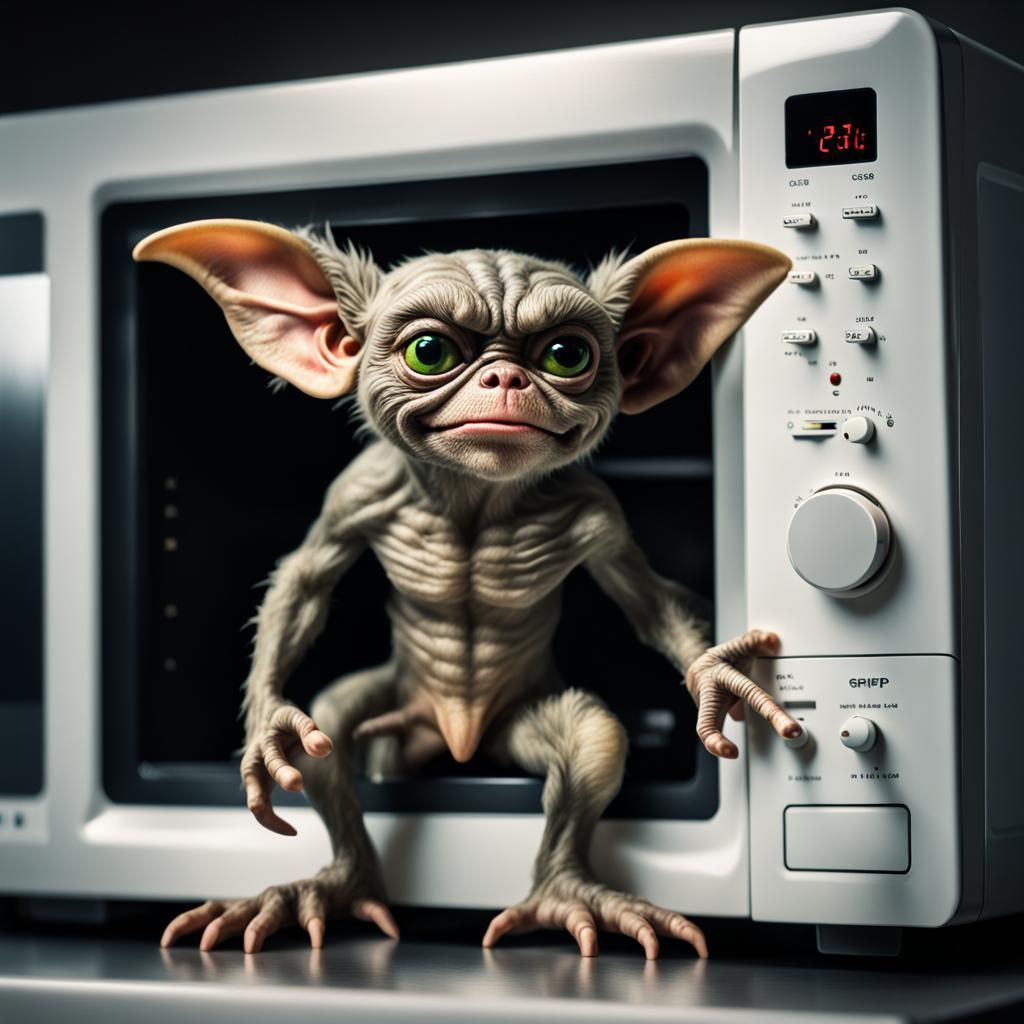 Hyperrealistic Stripe the Gremlin on a Microwave