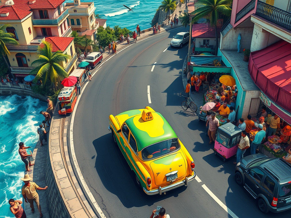 Vibrant Cuban Taxi Scene in Vintage Illustration Style
