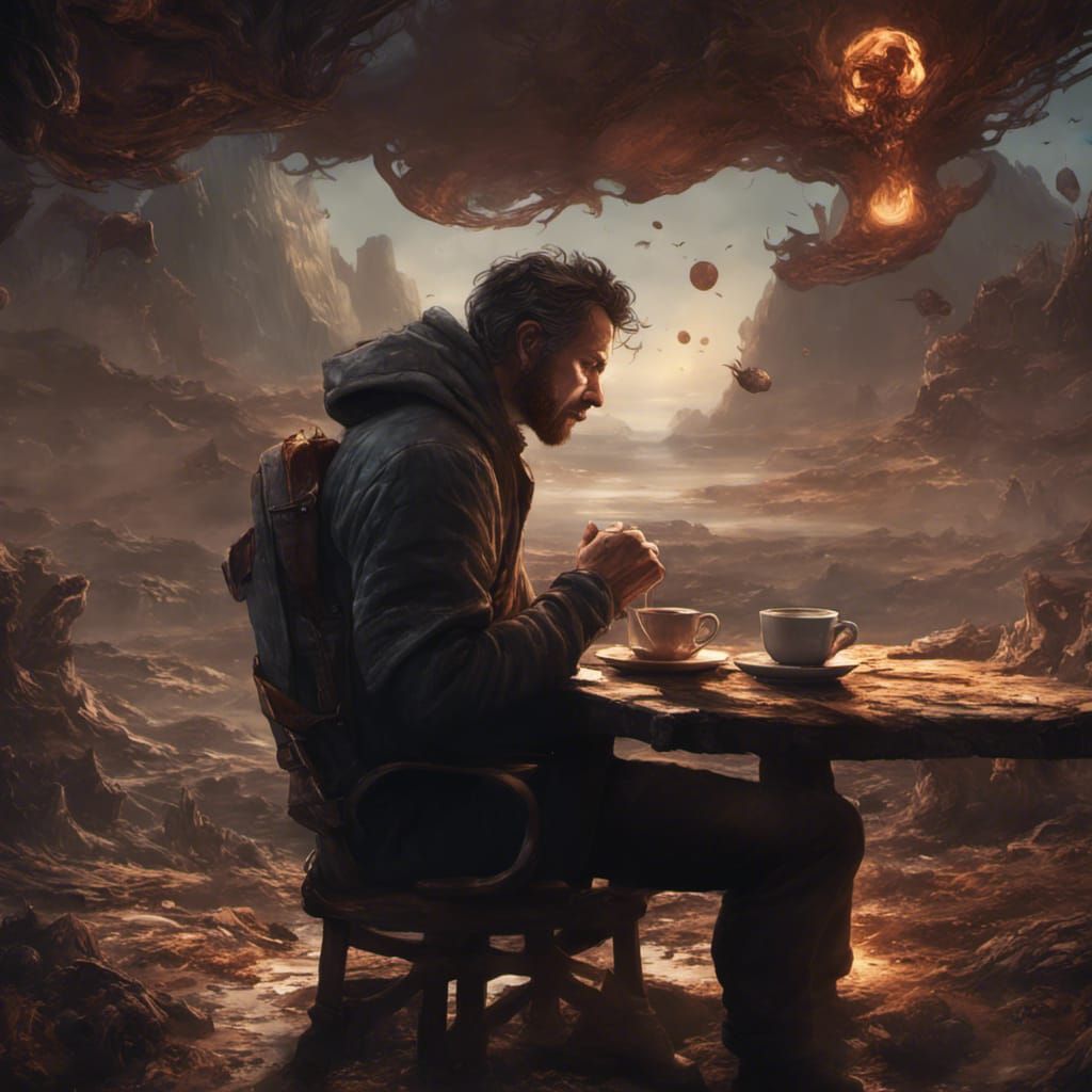 Man Drinks Coffee at End of World, Dark Fantasy