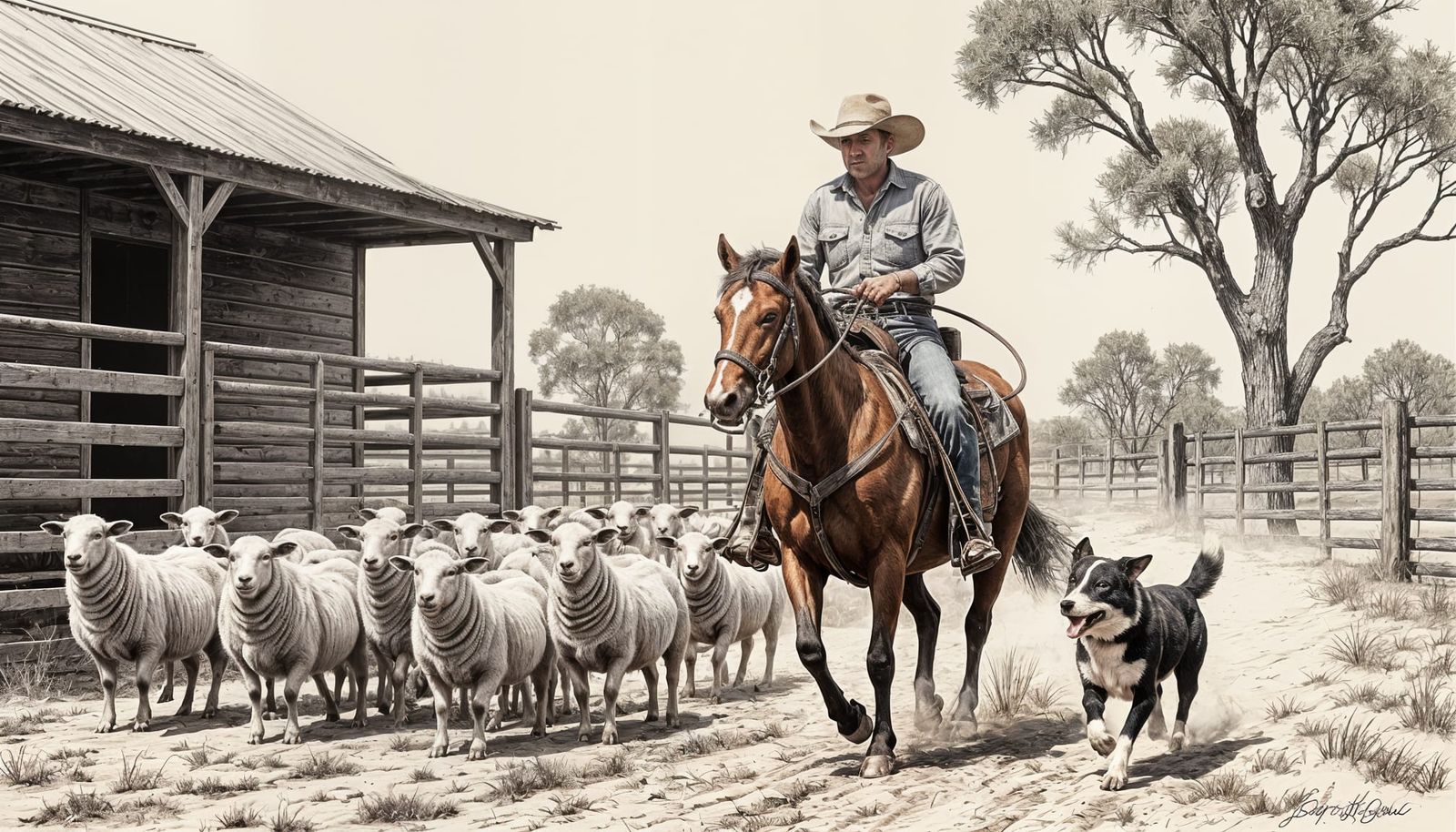 Jolliffe Cartoon: Bush Stockman and Sheep in Pen