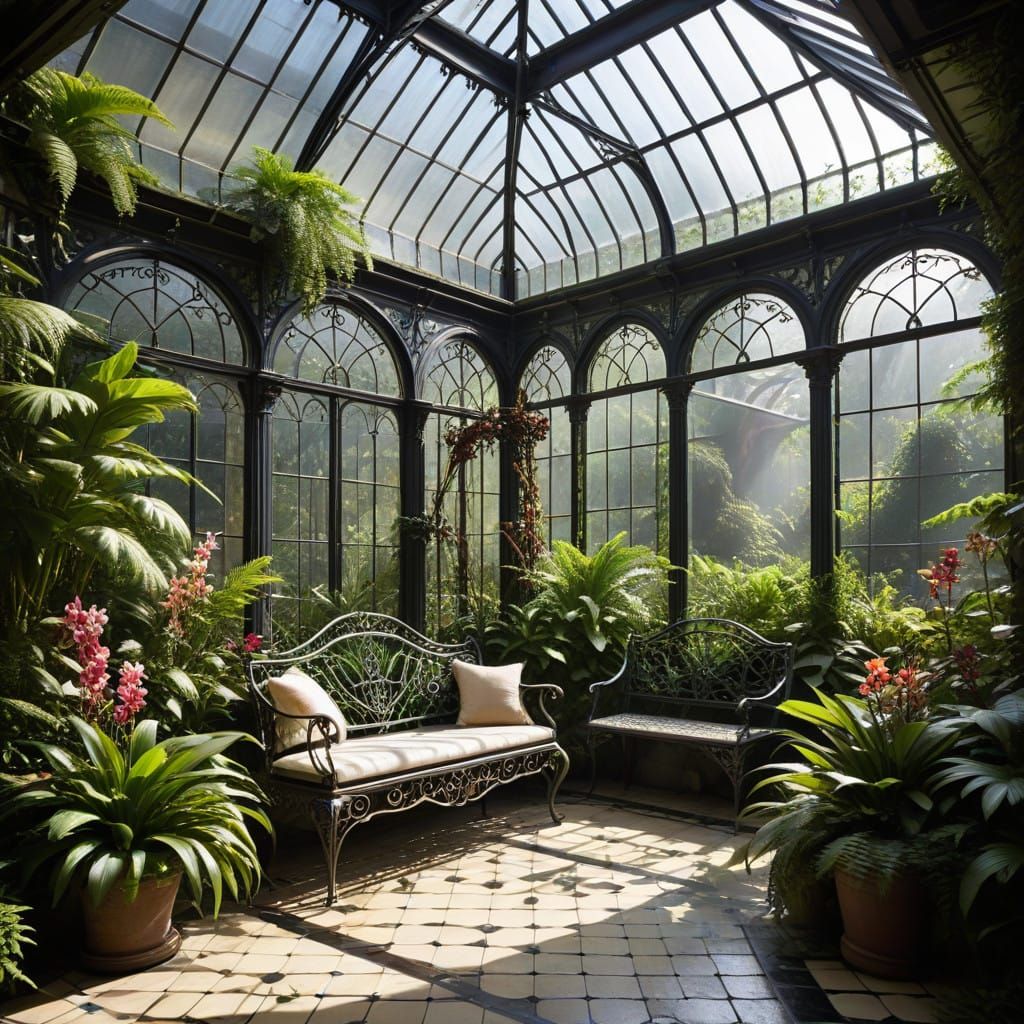 Elegant Victorian Greenhouse in Opulent Detail