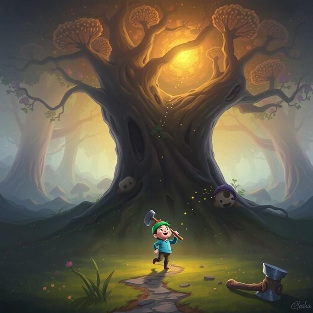 Whimsical Villager Hacking Magical Tree in Enchanted Forest