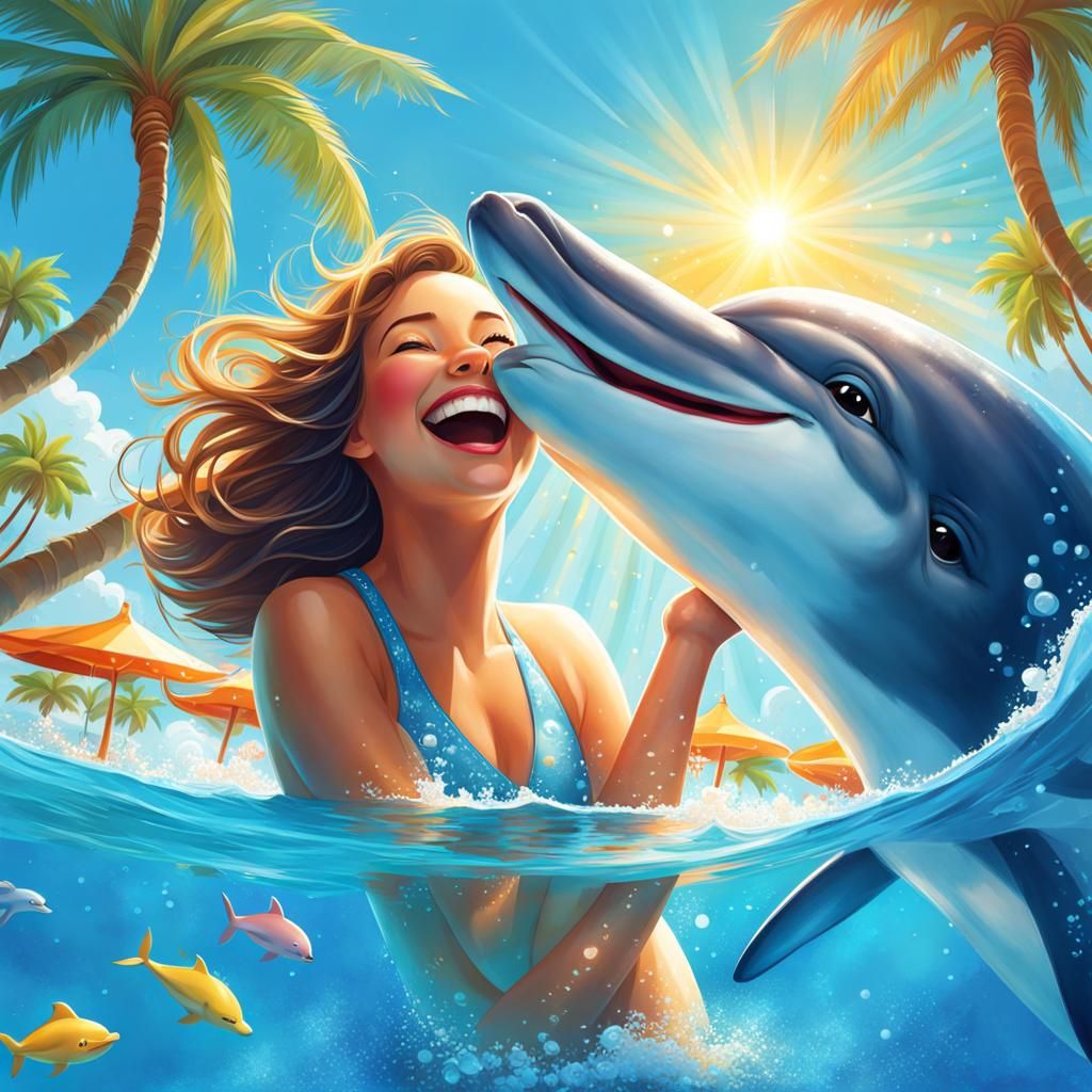 Happy Dolphin Hugging Girl in Sunny Pool