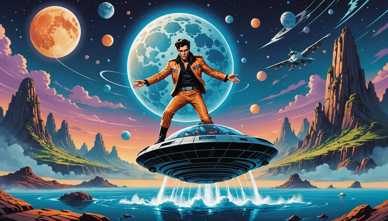Elvis Lands Hovercraft on Alien World with Three Moons