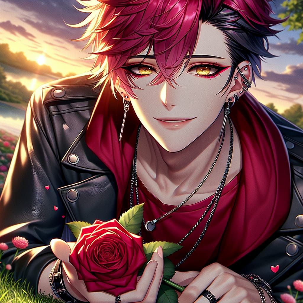 Anime Man with Rose in Sunset Field