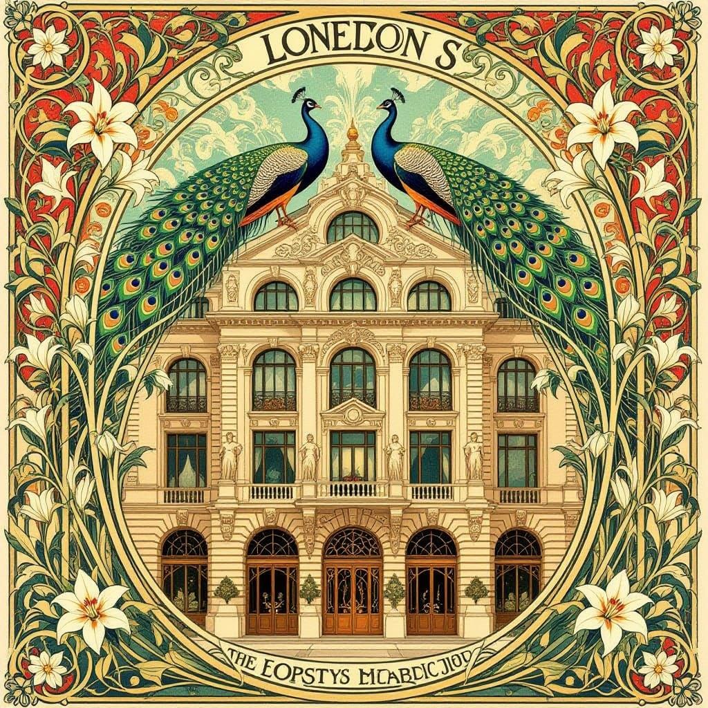 Art Nouveau Liberty Facade with Peacocks and Lilies