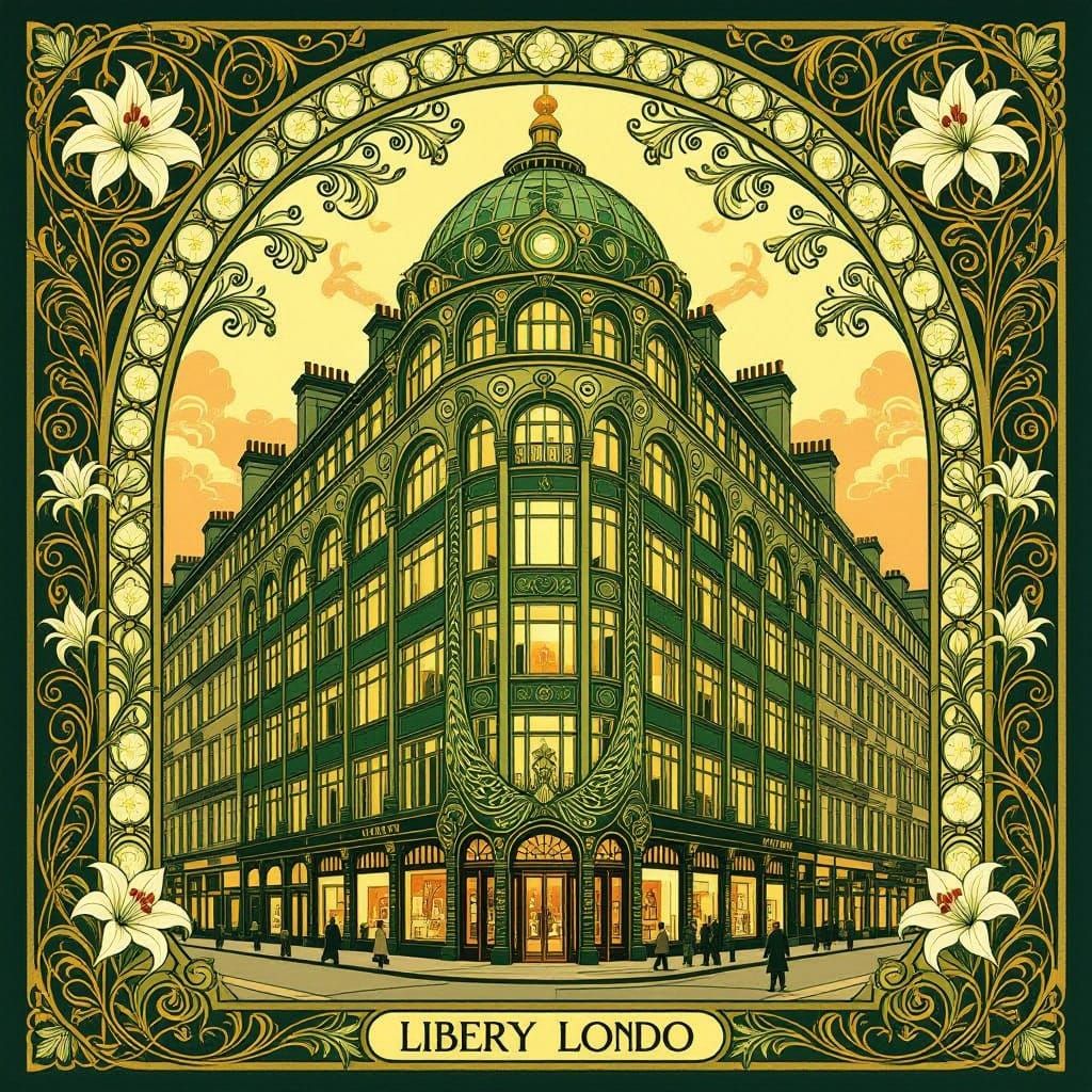 Art Nouveau London Facade with Peacocks and Lilies