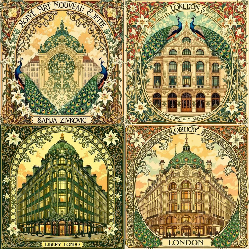 Art Nouveau Liberty Facade with Peacocks and Lilies