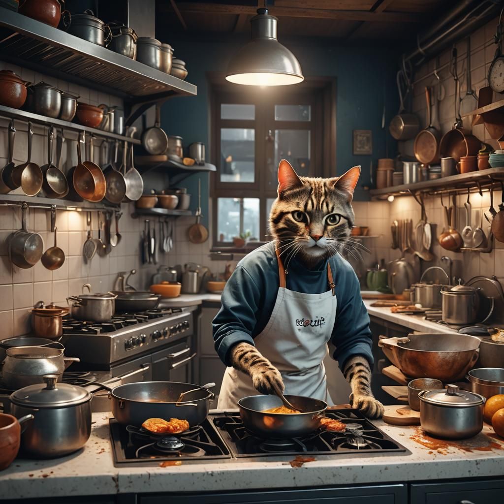 Cat Chef in Kitchen: Detailed Matte Painting