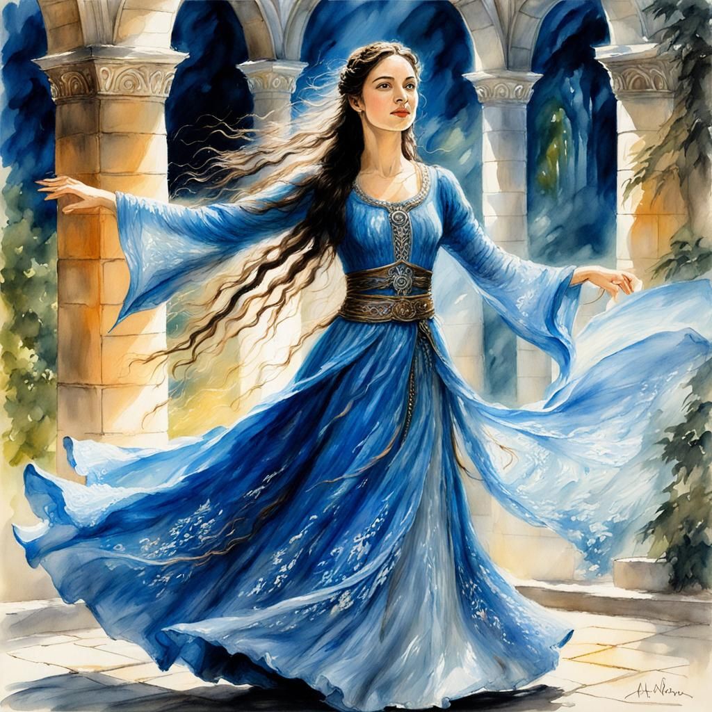 Arwen Dancing in Rivendell Gouache Style