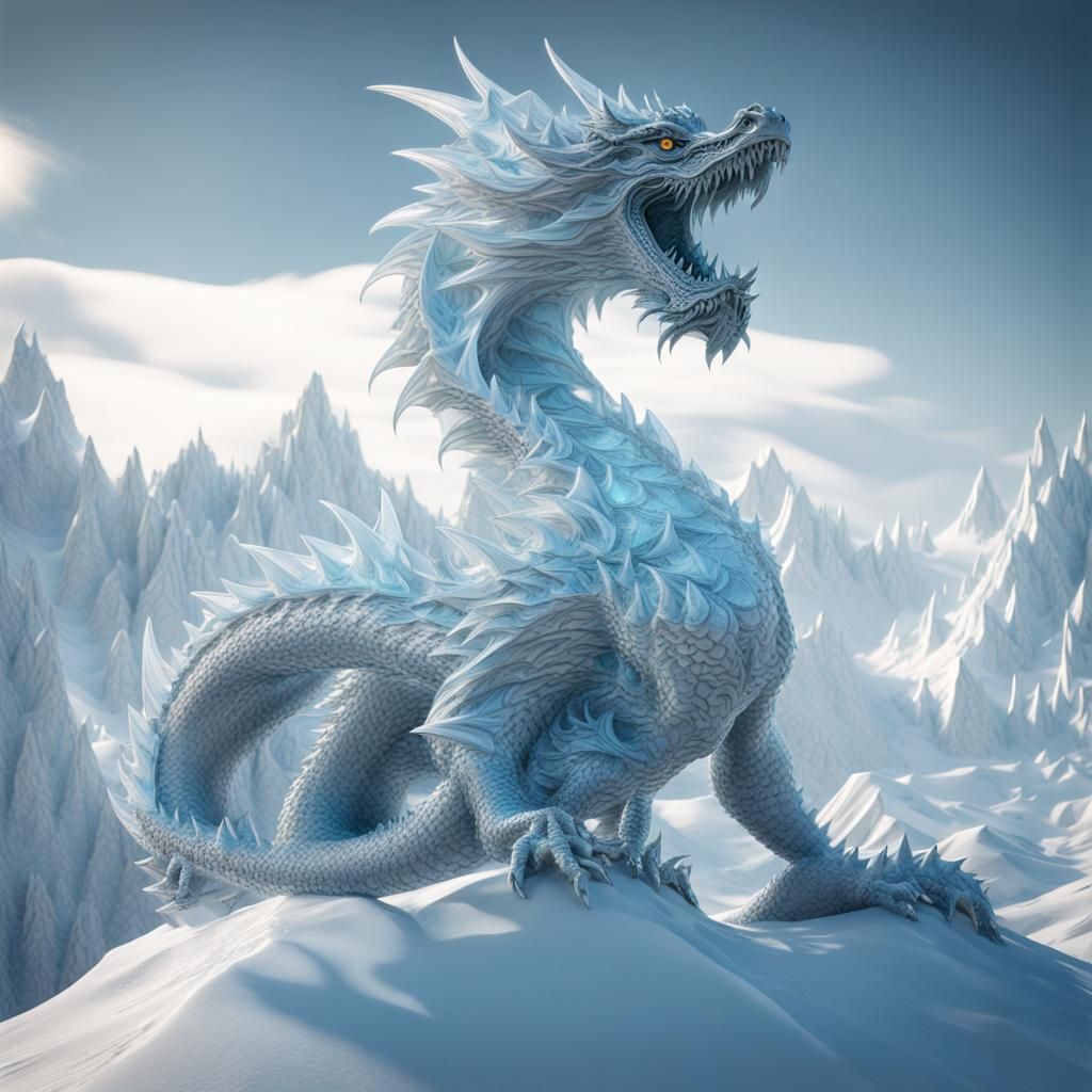 Majestic Ice Dragon Sculpture on Snowy Mountains
