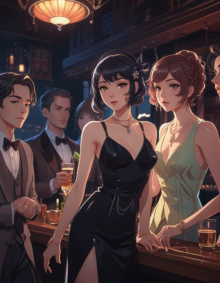 Anime Speakeasy Party with Neon Reflections