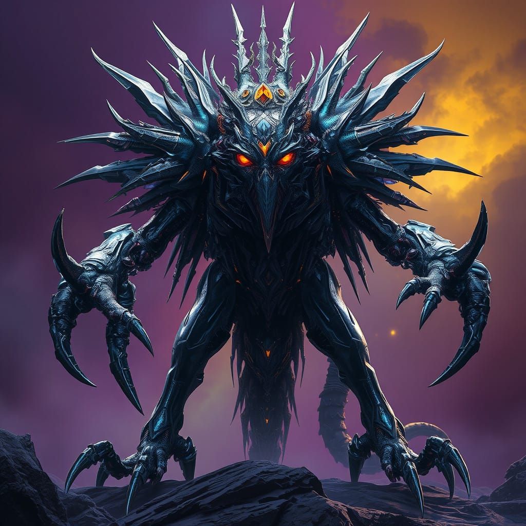 Dark Fantasy Shrike Creature with Biomechanical Metal Body