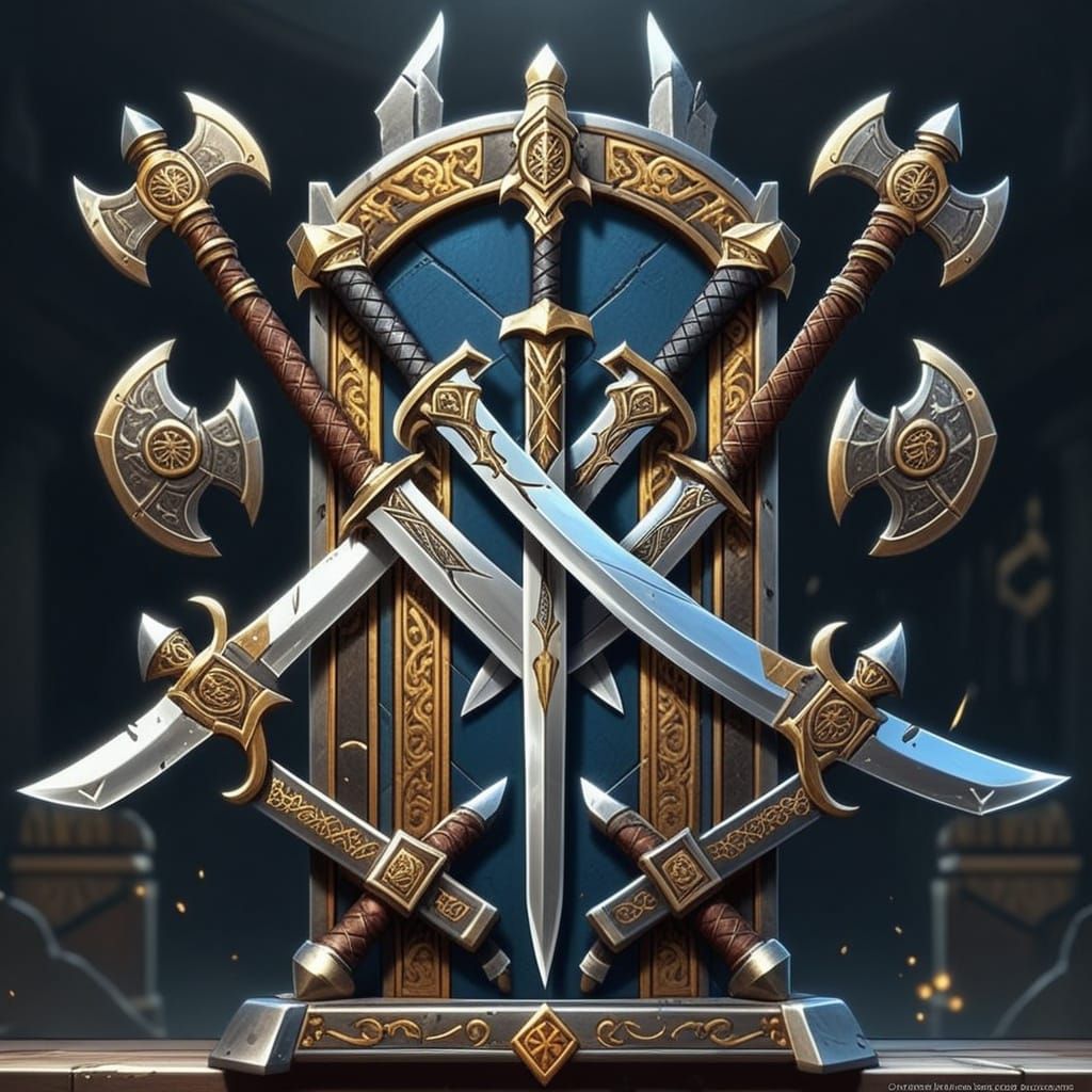 Fantasy Weapon Rack with Swords, Axes, and Maces