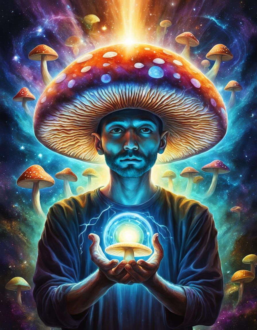 Esoteric Mushroom Man in Cosmic Light