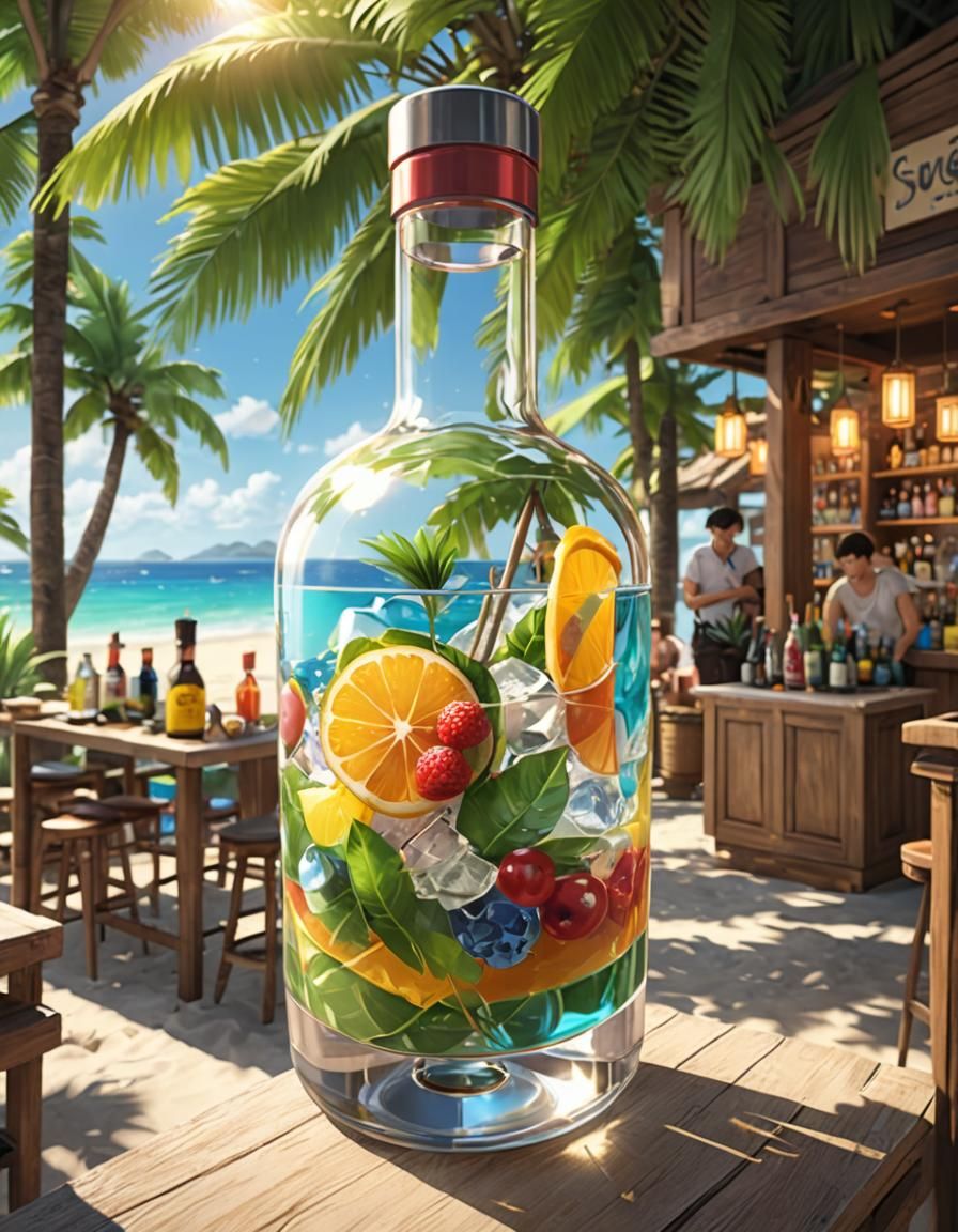 Tropical Beach Cocktail Bar in 3D Anime Style