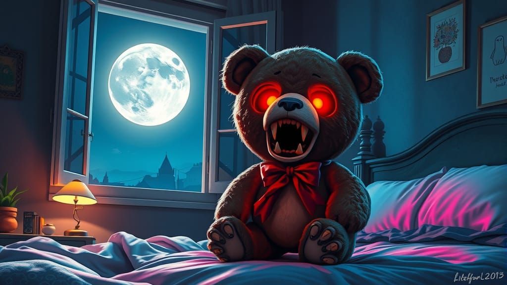 Haunted Teddy Bear on Bed with Full Moon