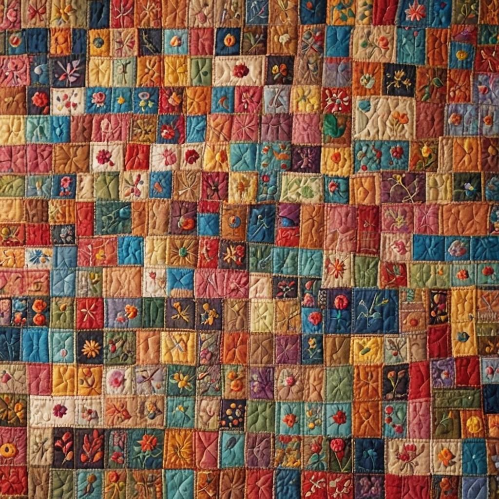 Colorful Patchwork Quilt in Naive Folk Art Style