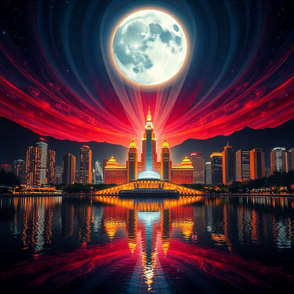 Luminous Cityscape Reflected in Lunar Lake