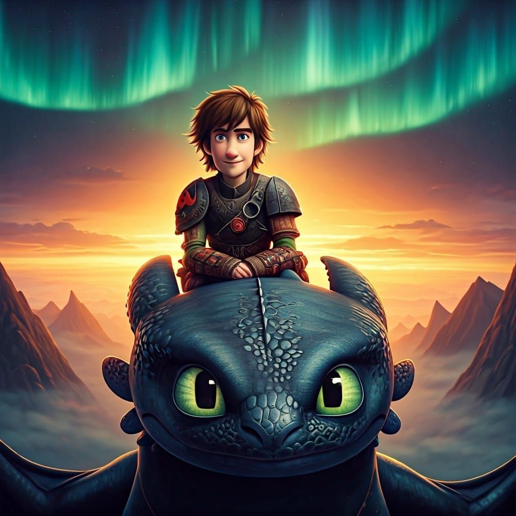 Hiccup and Toothless in Mystical Viking Landscape