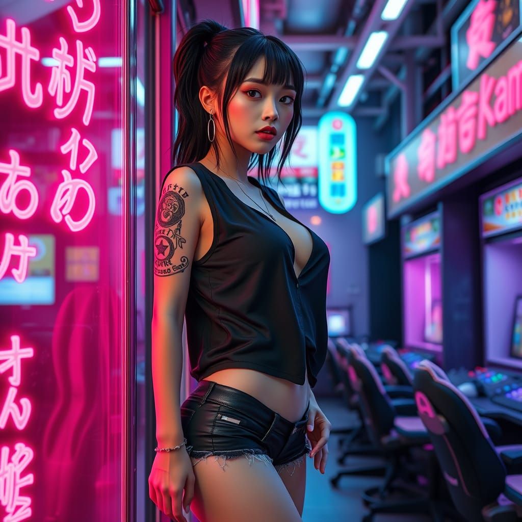 Sexy Japanese Gamer Girl in Cyberpunk Arcade
