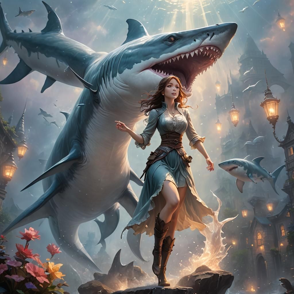 Anime Shark Woman in Ethereal Fantasy Style