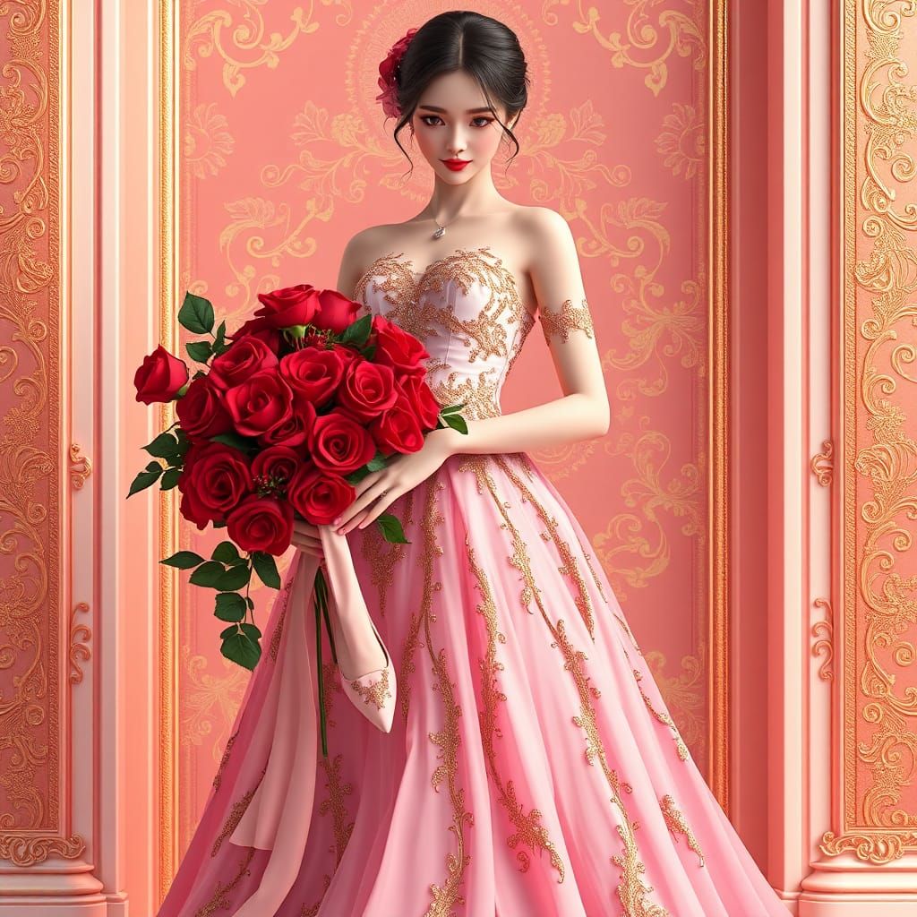 Woman in Pink Gown with Roses: 3D Anime Art