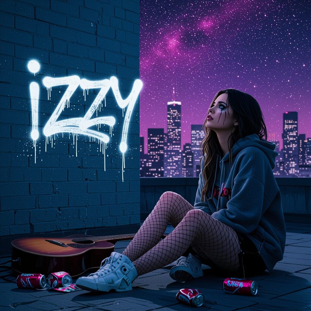 Rooftop Musician Gazing at Starry Night Sky