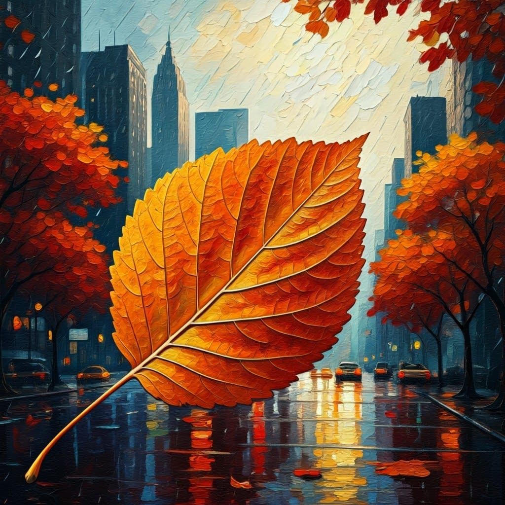 Autumn Leaf in Rainy New York, Impasto Painting