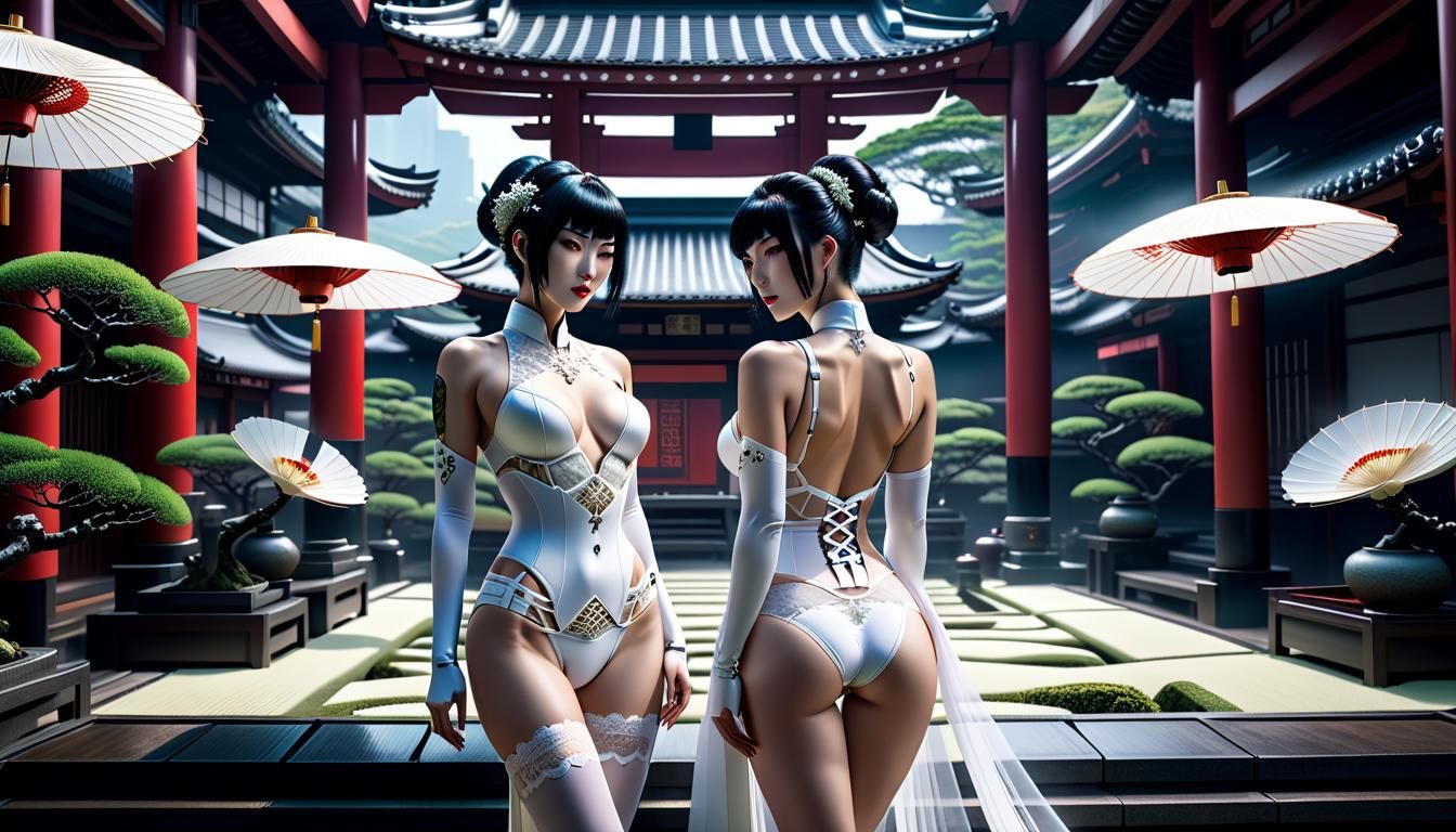 Cyberpunk Geishas in Zen Garden: Digital Pin-Up Art