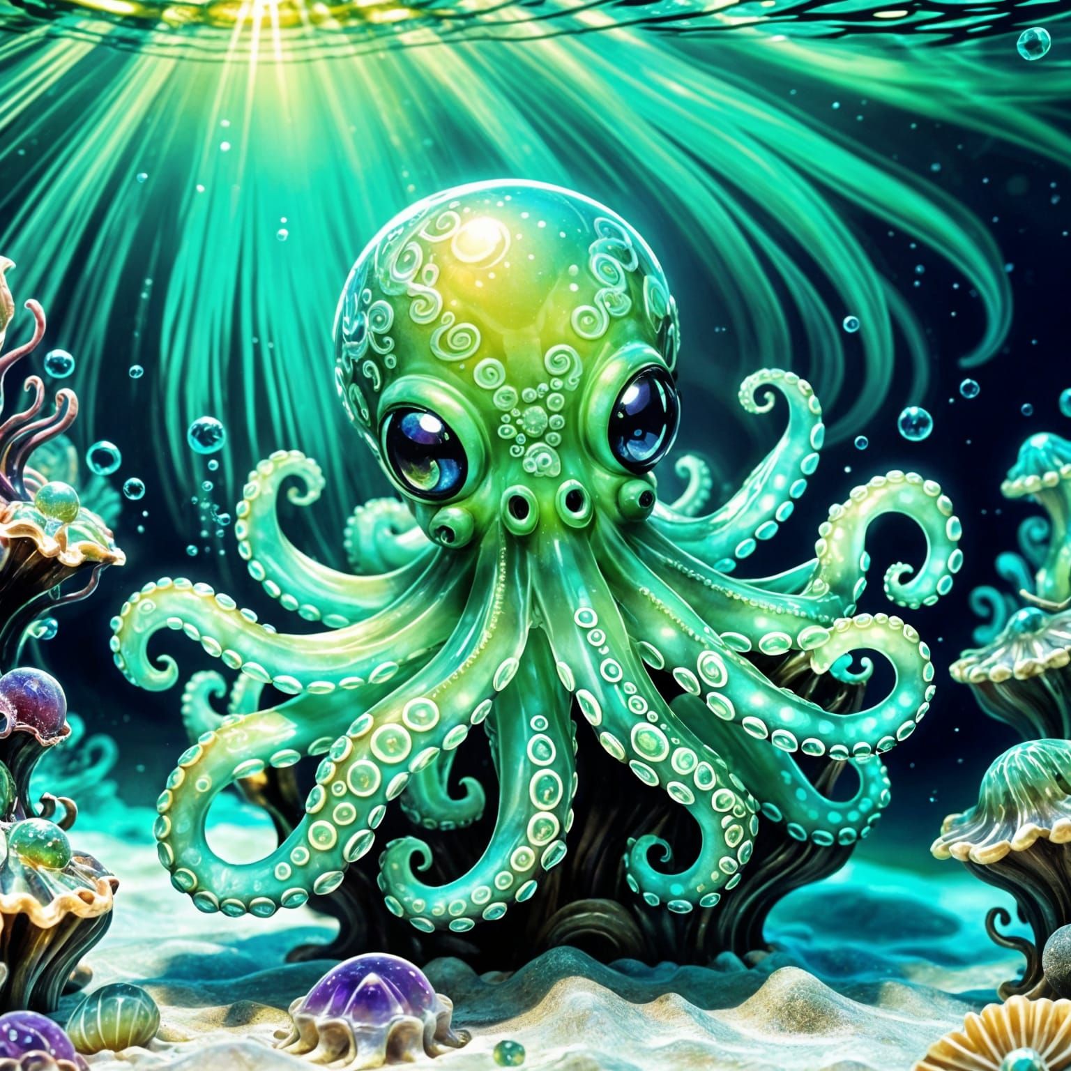 Opalescent Crystal Chibi Octopus in Bioluminescent Sea