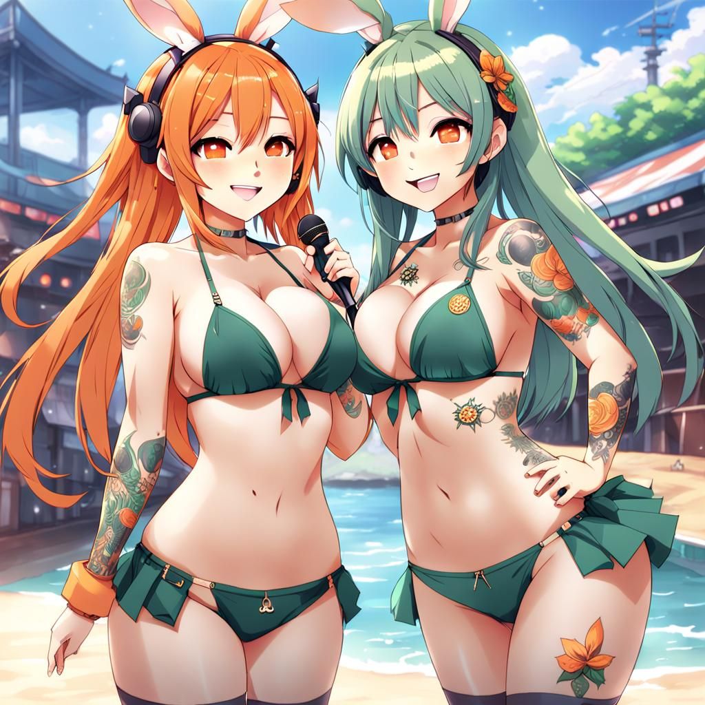 Smiling Asian Girls with Bunny Ears in Anime Style