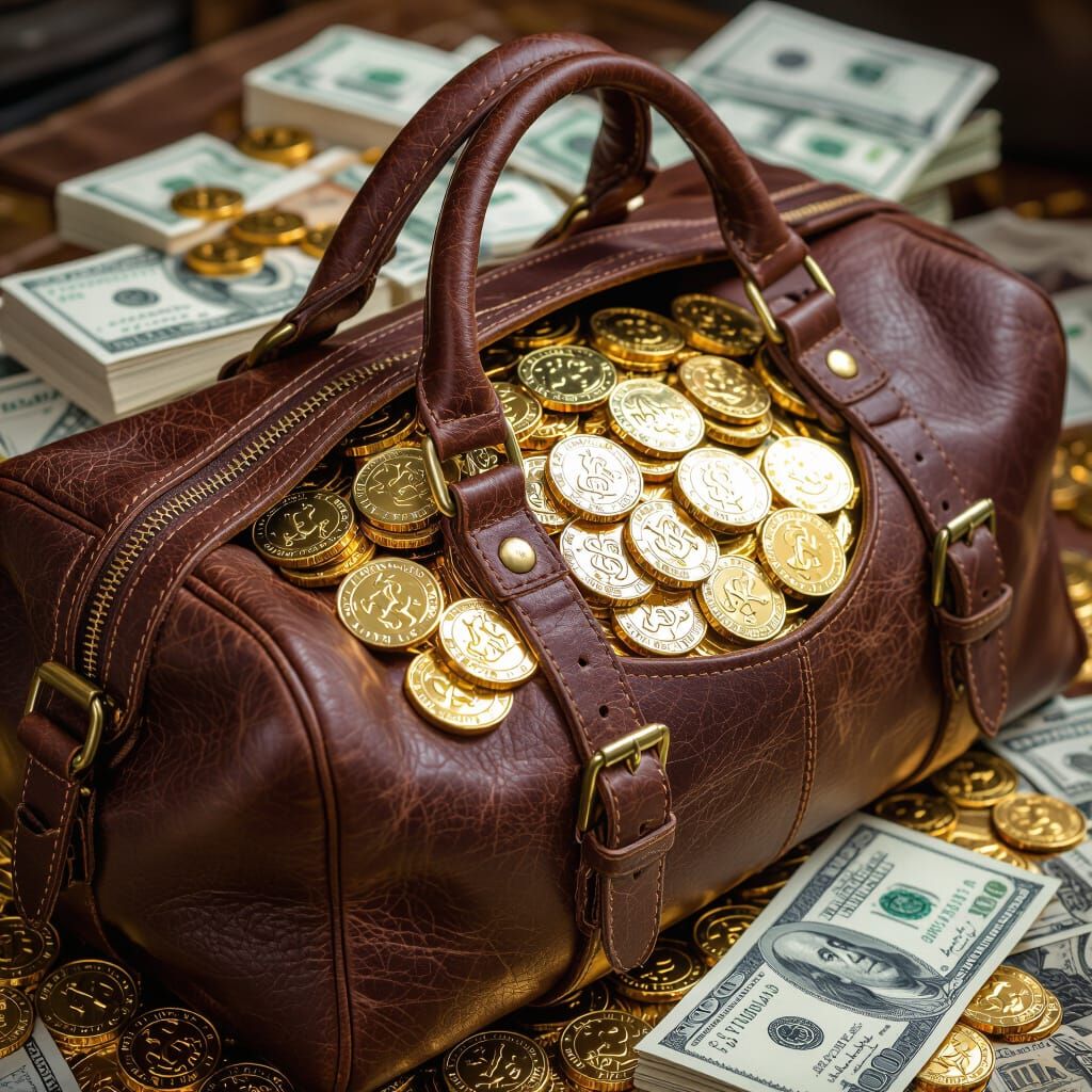 Leather Duffel Bag Overflowing with Gold Coins and Cash