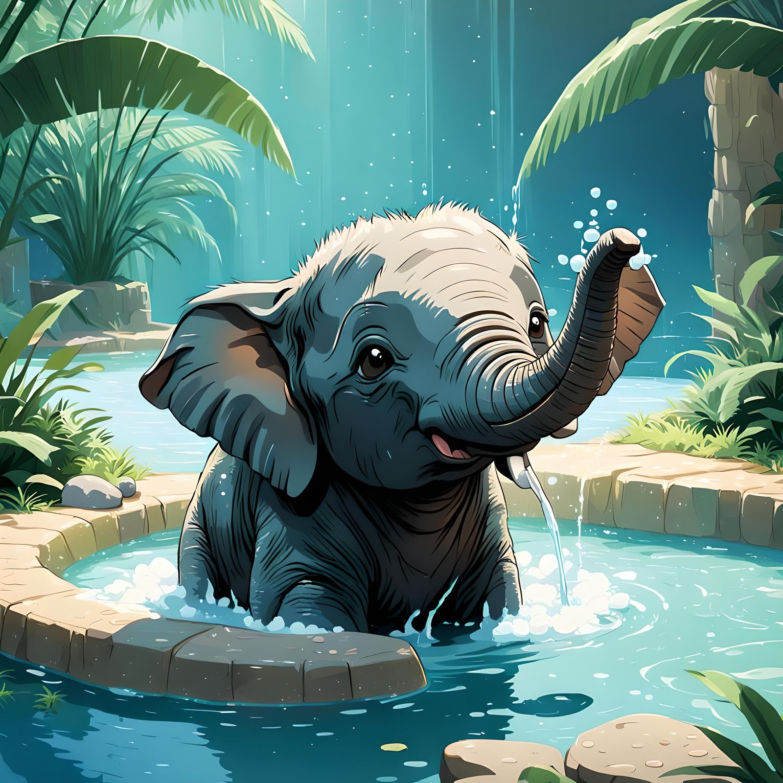 Baby Elephant Bathing: Studio Ghibli Anime Visual