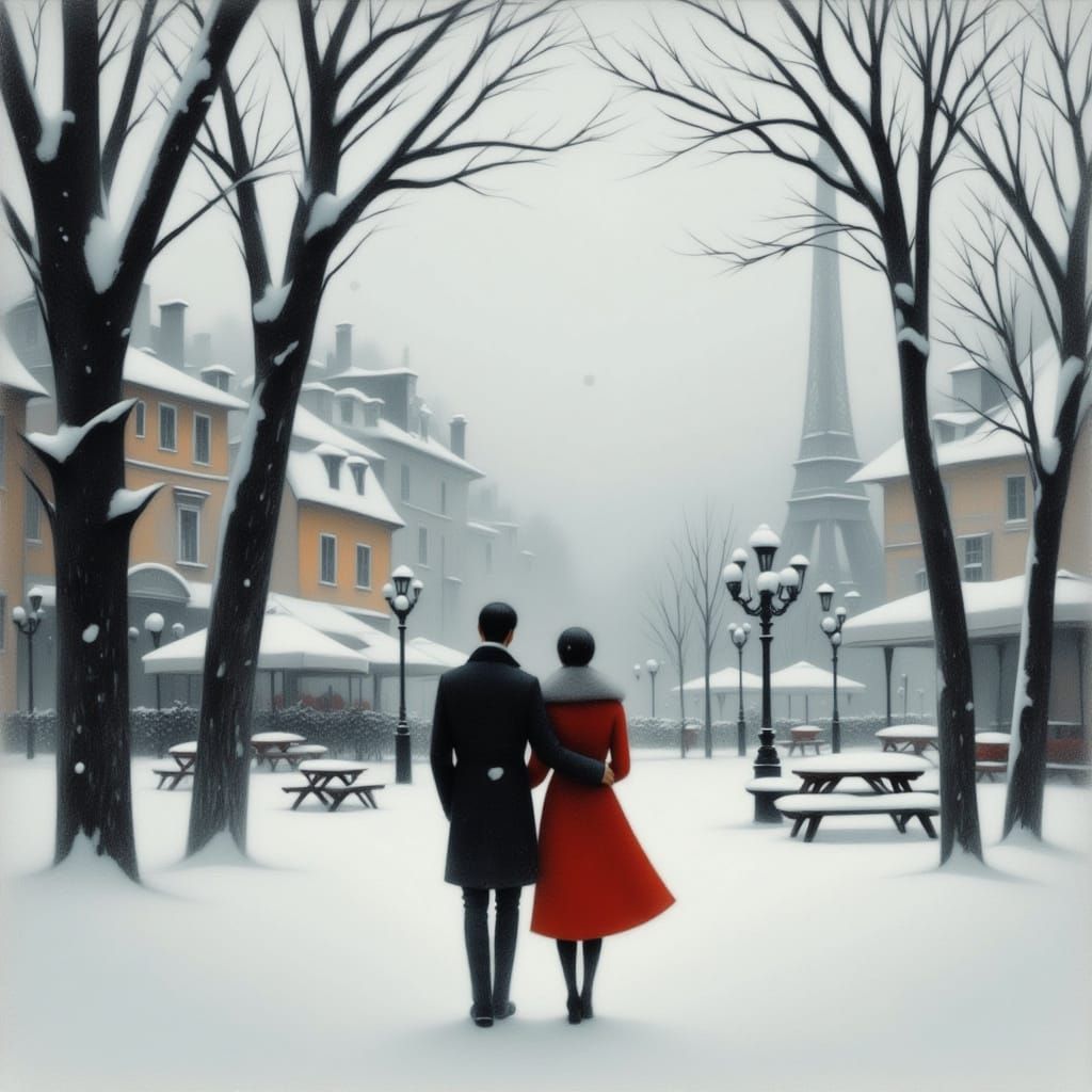 Romantic Couple in Snowy Paris