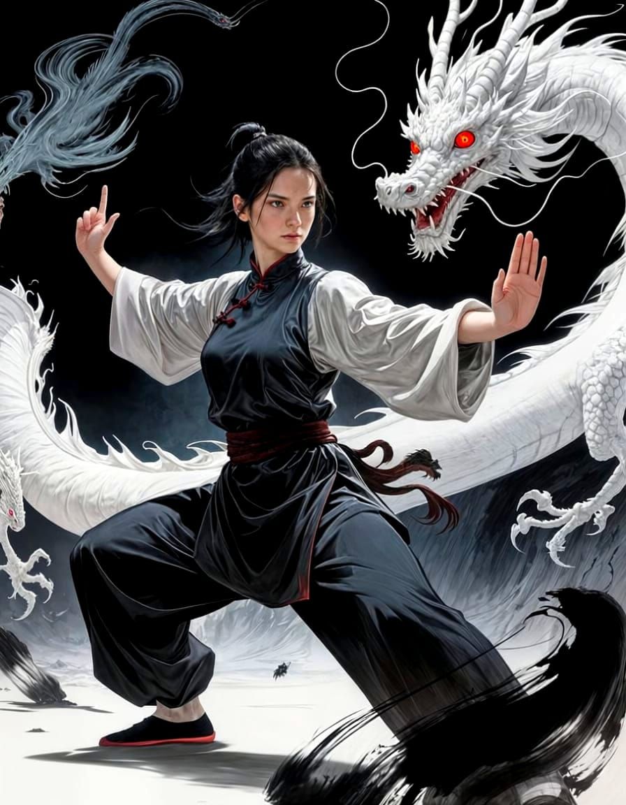 Kung Fu Master with Swirling Dragon in Ink Style