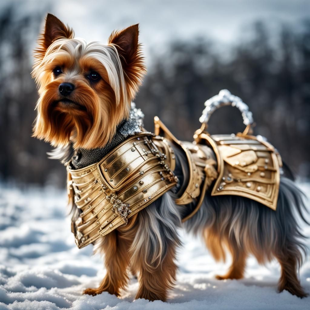 Yorkie in Silver and Gold Armor: Hyperrealistic Image