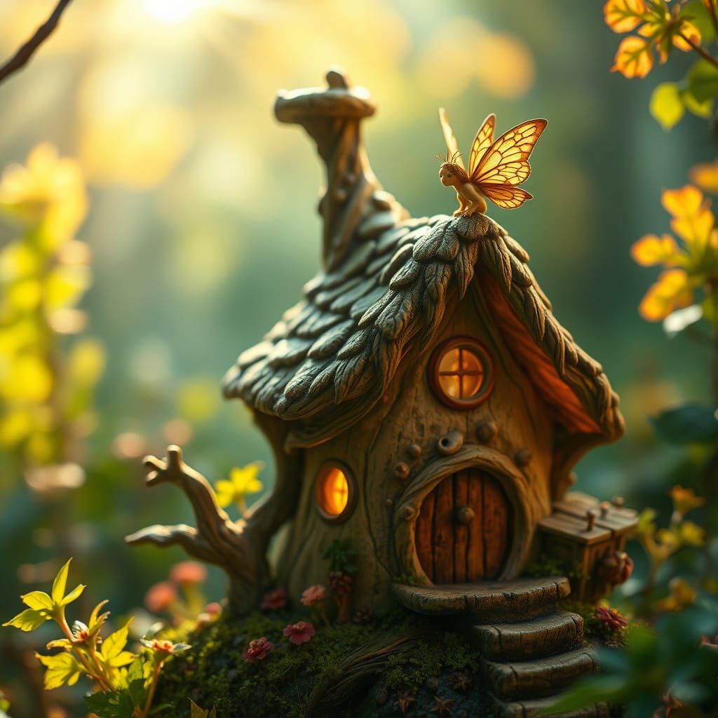 Whimsical Fairy Amidst a Lush, Gnarled Mushroom Kingdom