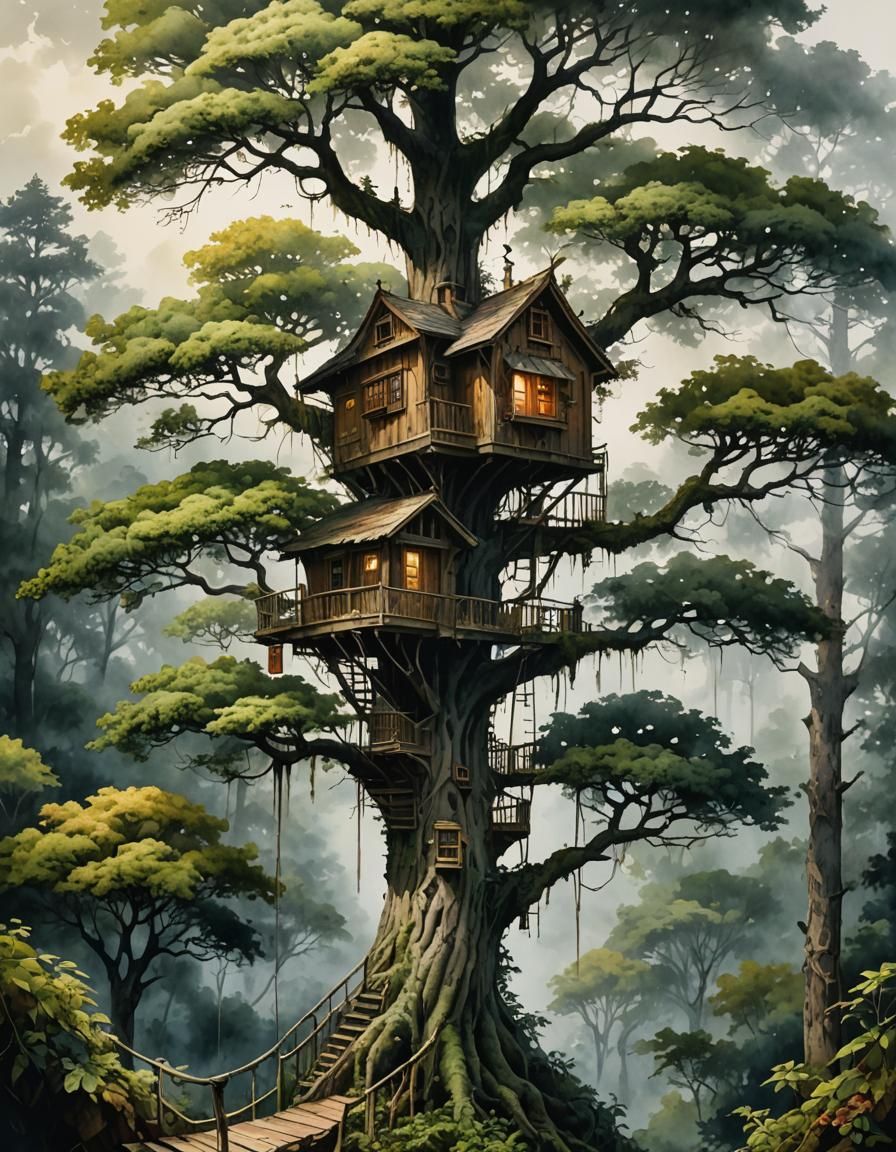 Treehouse in the Sky: Hyperdetailed Fantasy Painting
