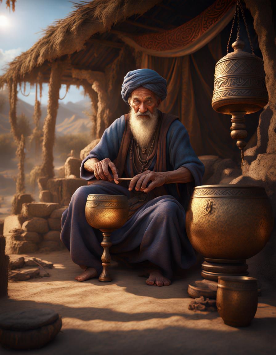Arabic Man Playing Drum in Detailed Matte Painting