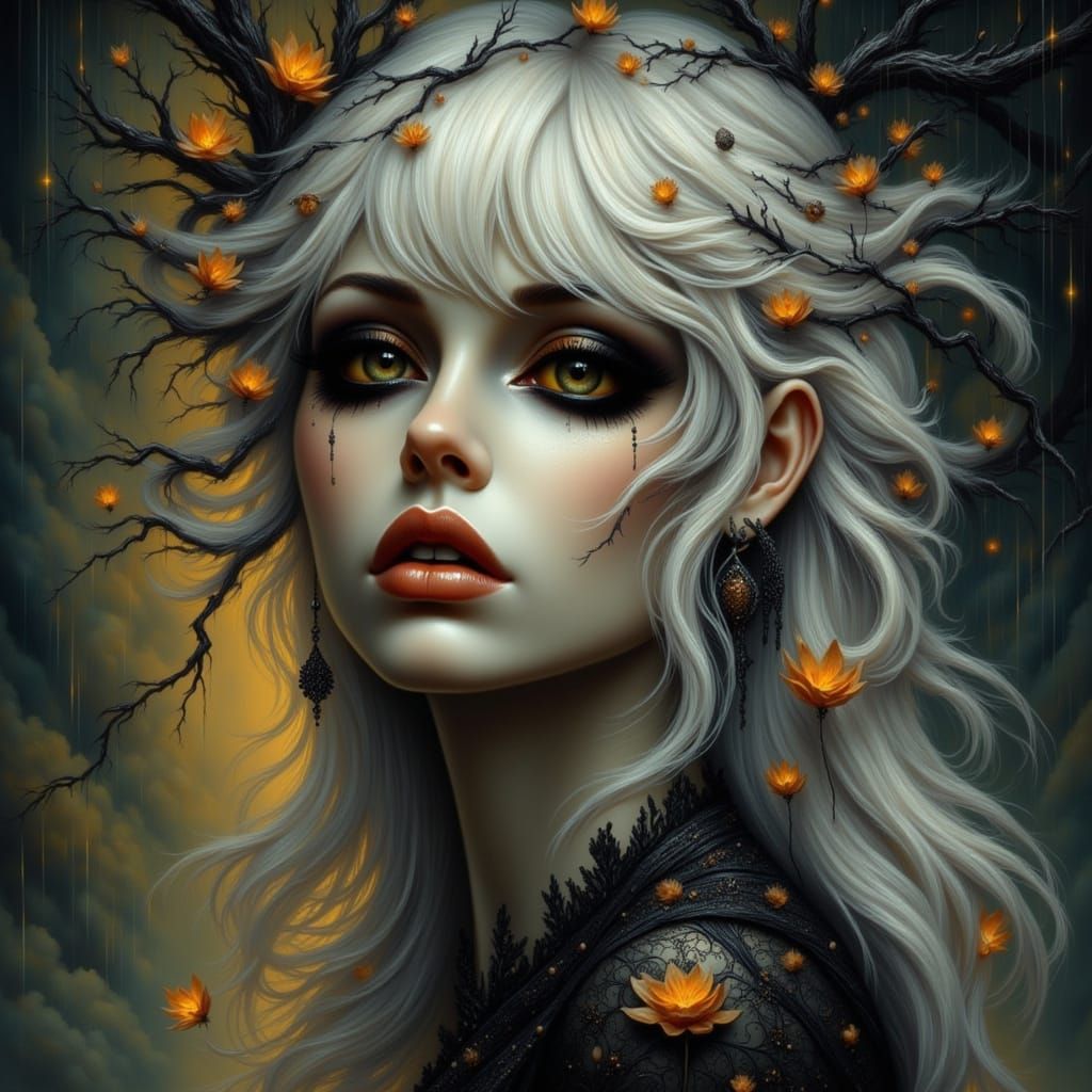 Witchy Woman in Bioluminescent Art Nouveau Style