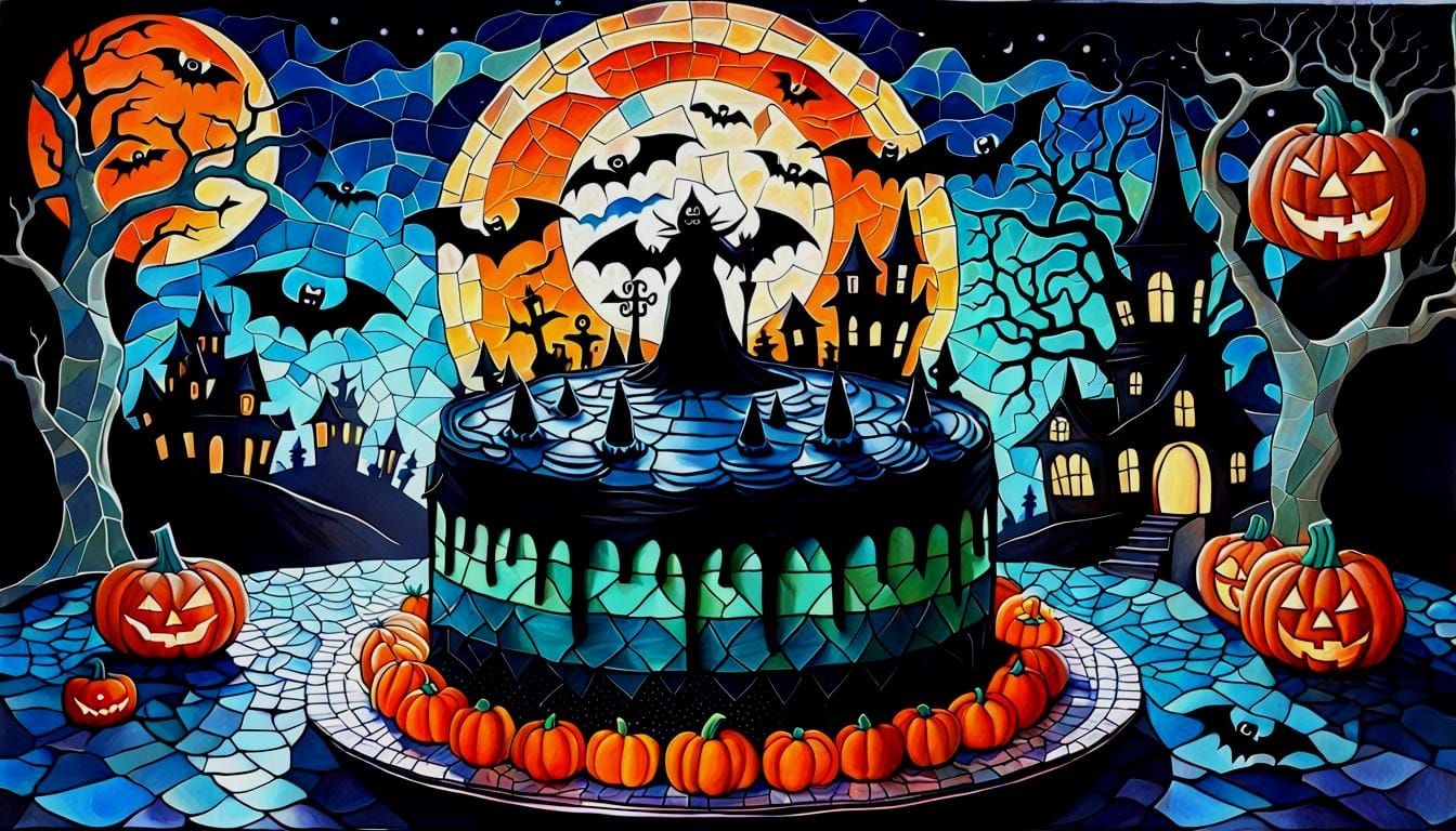 Surreal Halloween Cake in Mixed Media Collage