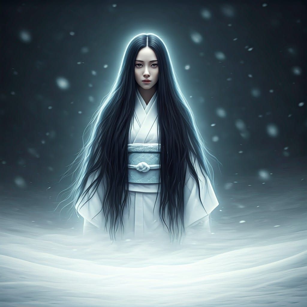 Eerie Ghost Portrait of Yuki Onna in Blizzard