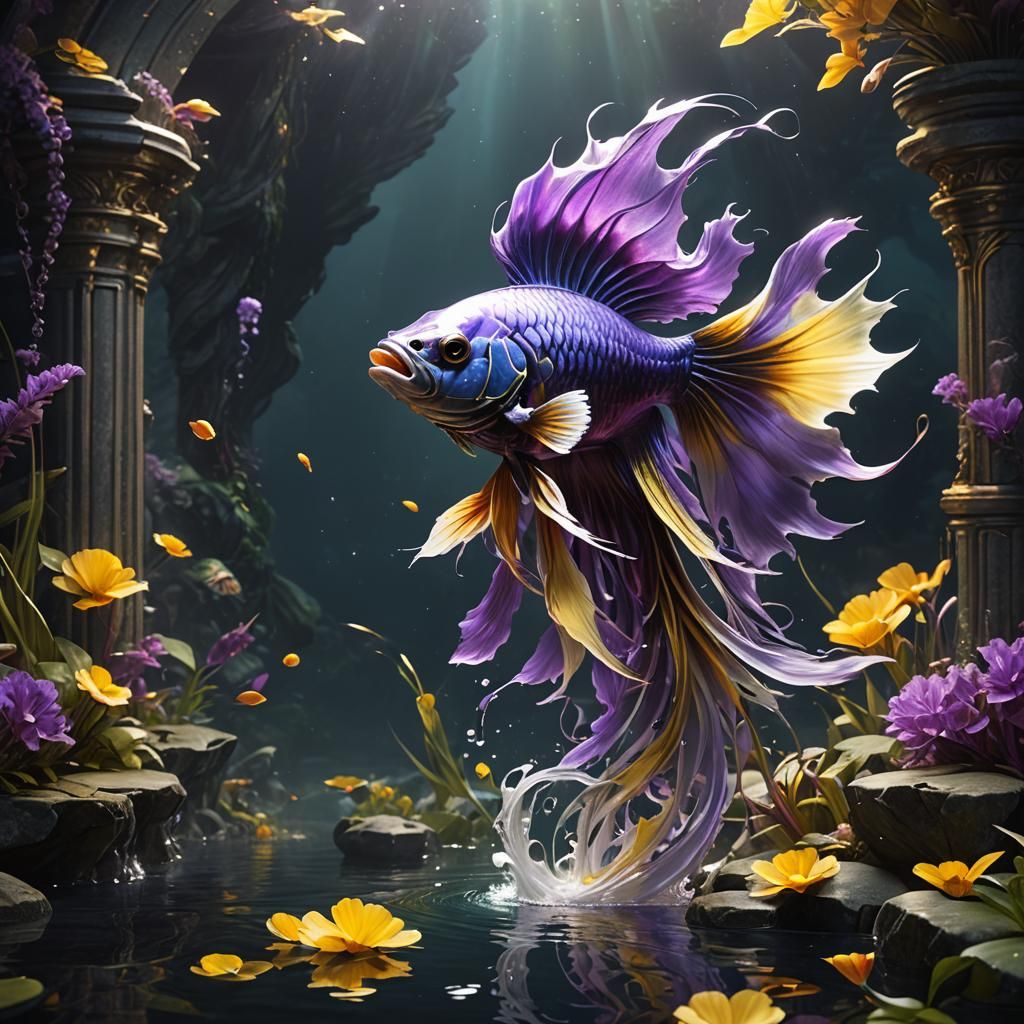 Ethereal Marble Fighting Fish in Dark Fantasy Style
