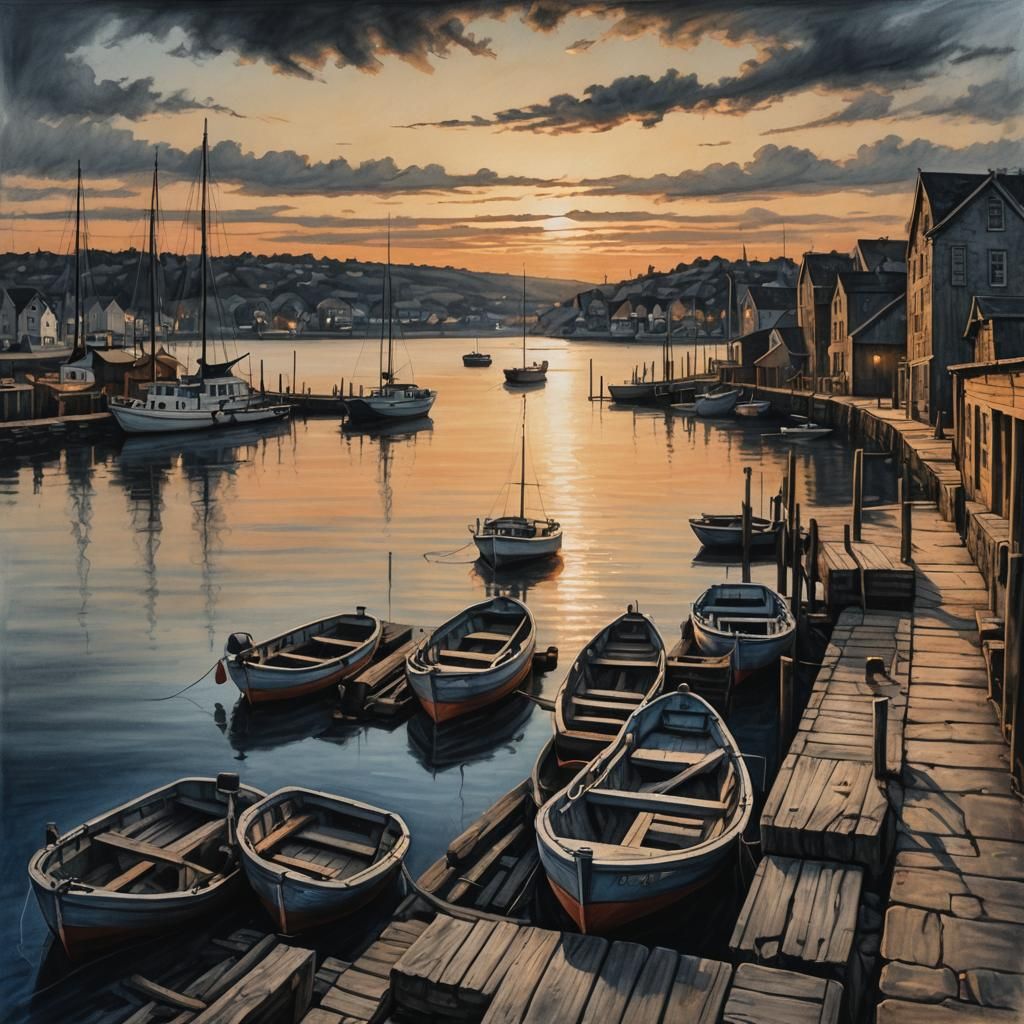 Harbor Sunset in Charcoal with Chiaroscuro