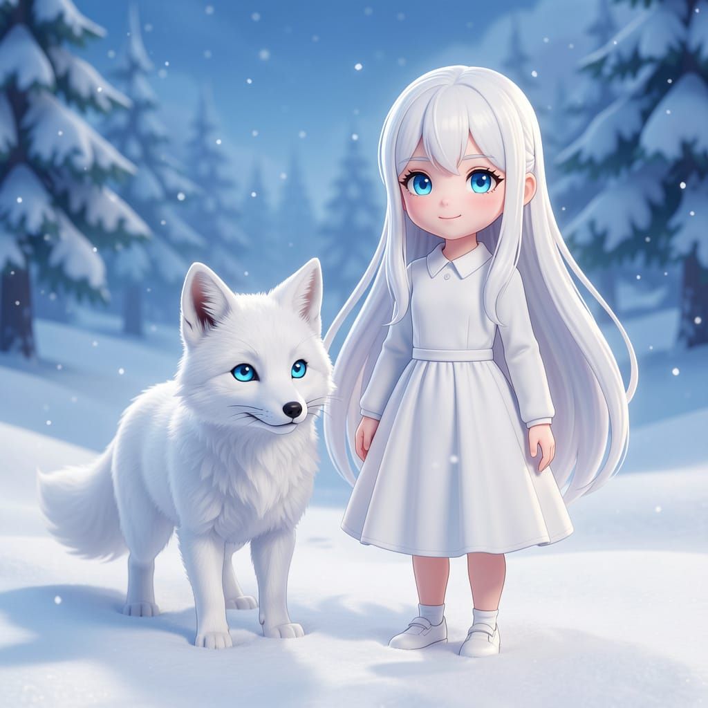White Fox Beside Albino Girl in Snow - 3D Anime Style