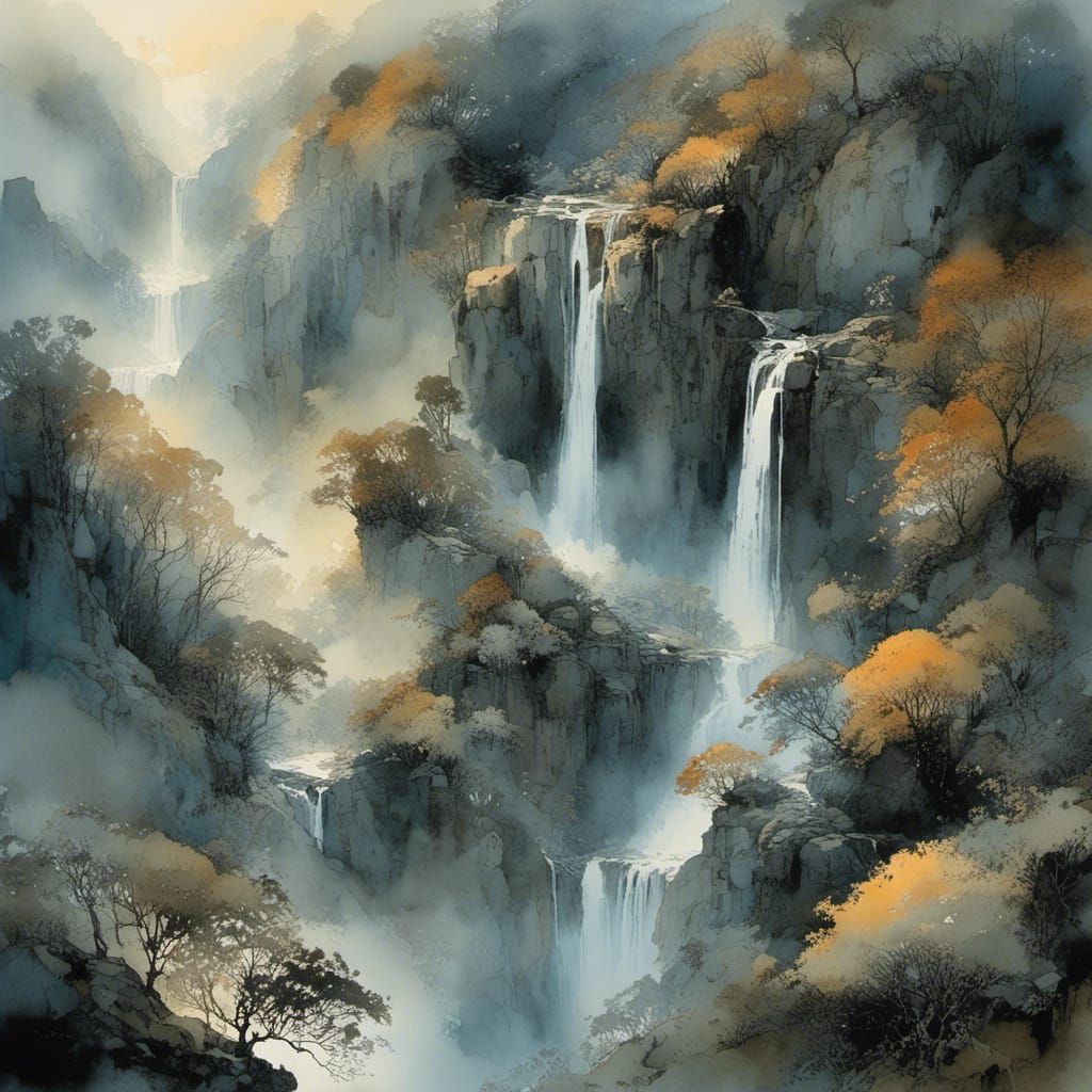 Foggy Valley Waterfall at Sunrise: Detailed Watercolor